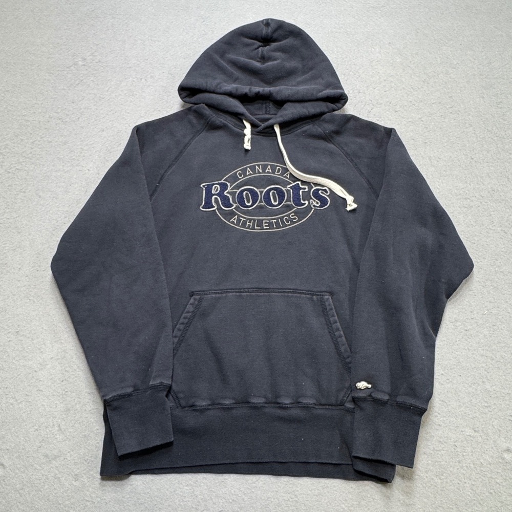 Roots Hoodie Men's Small Navy Blue Fleece Lined Loose Fit Pullover Sweatshirt